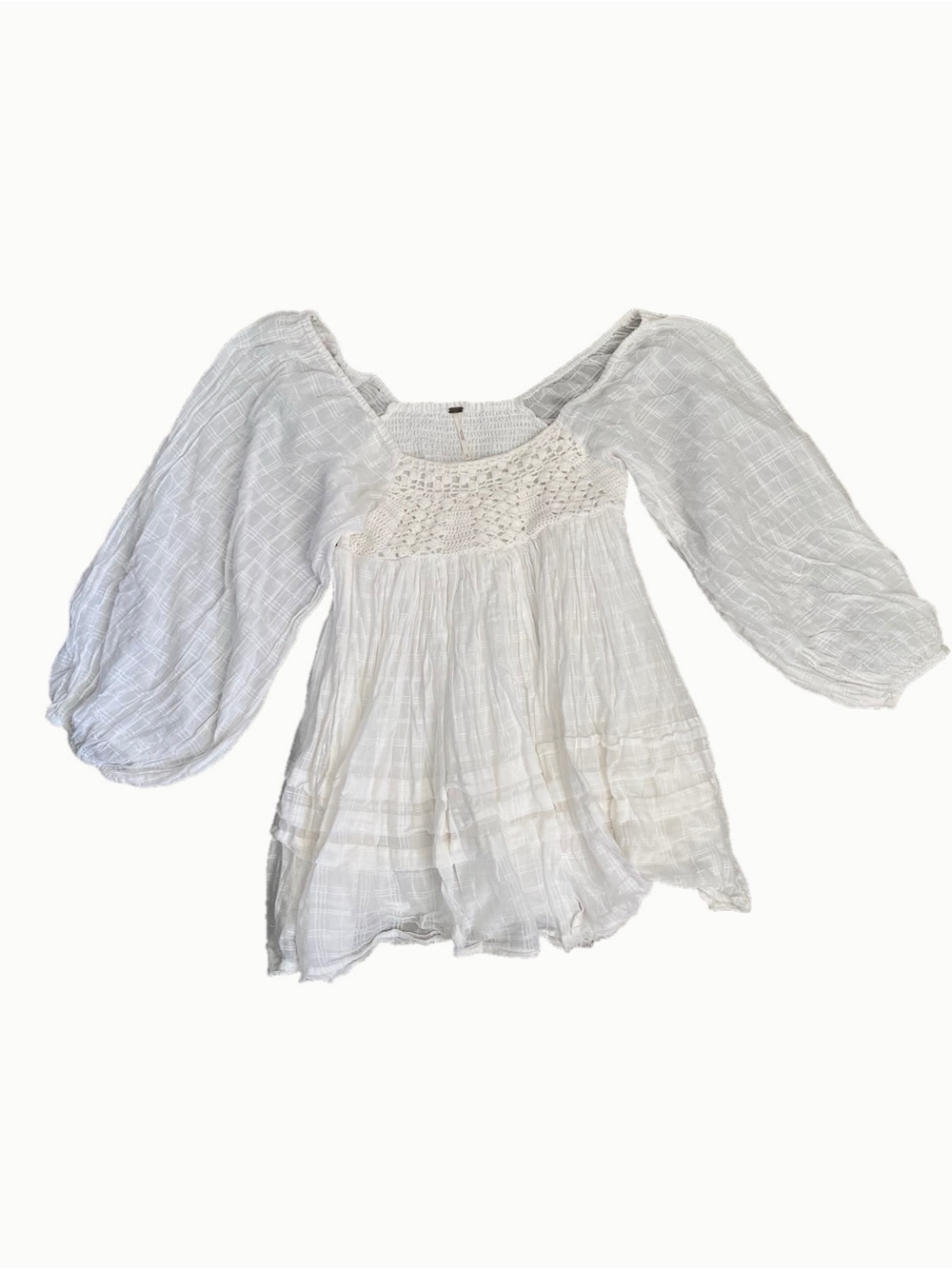 Free People White Crochet Boho Peasant Blouse Puff Sleeve XS